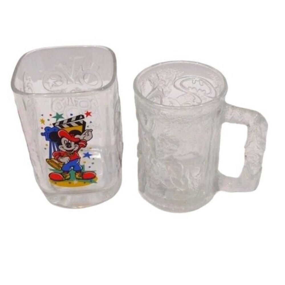 Vintage McDonald's Robin Batman Mug 1995 & Mickey Mouse Glass 2000 Clear Glass